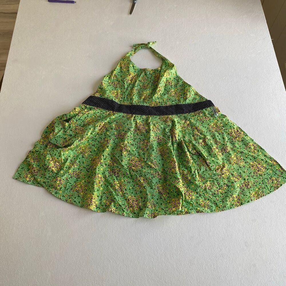 Kirsch Gluck Anthropologie Green Floral Halter Apron Dress Girls Vintage Style